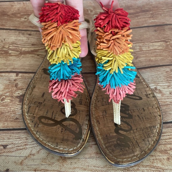 SAM EDELMAN GATES EMBELLISHED LEATHER FRINGE THONG SANDAL SADDLE MULTICOLOR SZ 8 - Picture 2 of 14